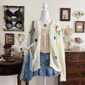 Vintage cottagecore quirky whimsical floral embroidered cozy knit cardigan